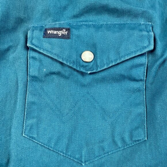 Vintage 90s Wrangler Pearl Snap Western Shirt Teal Denim Cowboy XL Long Sleeve - Picture 3 of 11